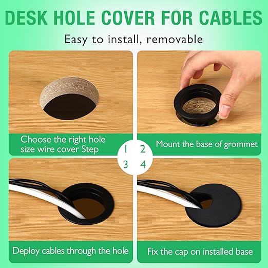 EASYEAH 5 Pcs Desk Grommet 1-1/2" / 38 mm, Desk Cord Hole Cover, Cable Grommet ABS Plastic, Desk Hole Grommet for Home & Office Pc, Detachable Cable Cord Organizer-Black