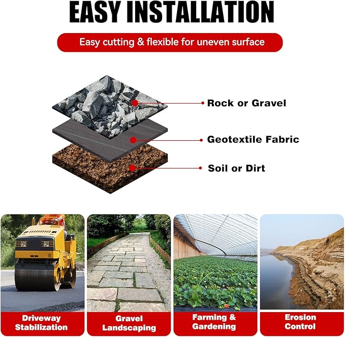 6.5ftx330ft Weed Barrier Landscape Fabric Heavy Duty, Weed Block Gardening Ground Cover Mat, Weed Control Garden Cloth, Woven Geotextile Fabric for Underlayment, Commercial Driveway Fabric
