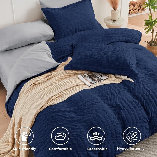 HYMOKEGE Navy Blue/Light Grey California King Comforter Set Seersucker 7 Pieces, All Season Luxury Bed in a Bag for Bedroom, Bedding Set with Comforter, Sheets, Pillowcases & Shams