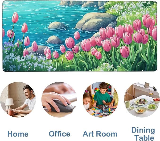 NITAHHHY Large Mouse Pad Blooming Tulips Gaming Desk Pad Computer Keyboard Non-Slip Waterproof Mouse Mat with Rubber Base and Stitched Edges Entertainment Office Writing Desk Mat 35.4 x 15.7 Inches