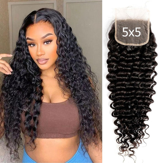 DSEKCAIN 5x5 HD Lace Closure Human Hair Deep Wave Transparent Closure Deep Curly Raw Virgin Pre Plucked Natural Black 1B Color 14 Inch