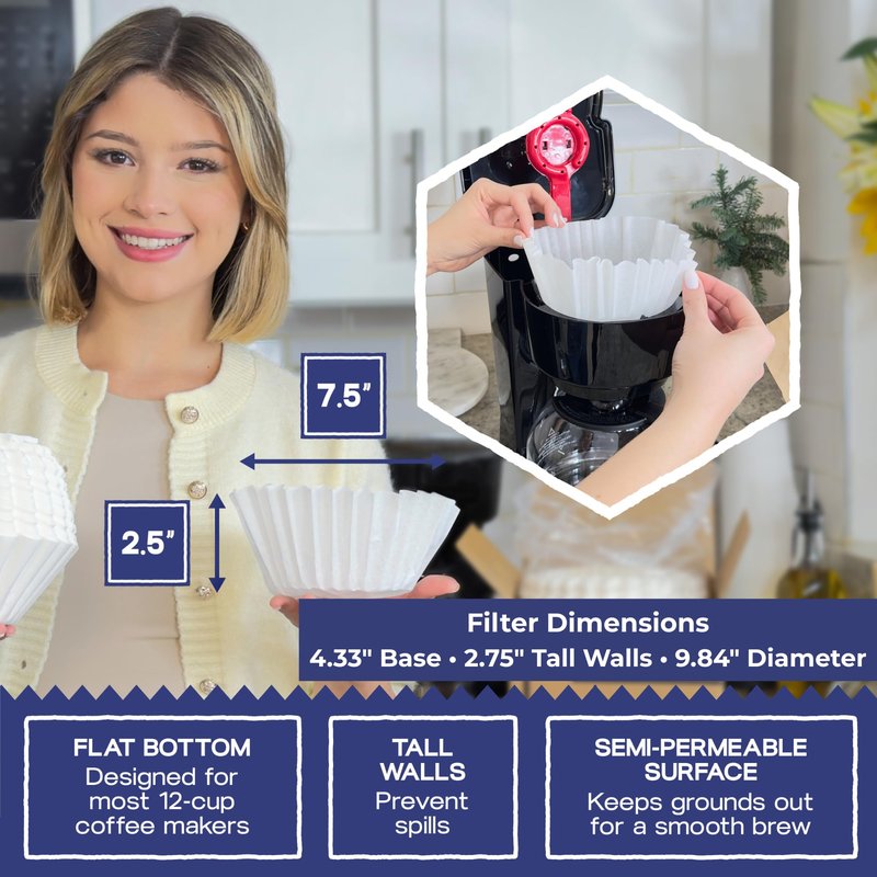 Pine & Pebble® 12-Cup Large Commercial Coffee Filters, 500 Count | Tall-Walled Basket Style (9.84" x 4.33") | No Grounds, No Mess | Fits BUNN & Standard Coffee Makers | Bulk for Cafés & Offices