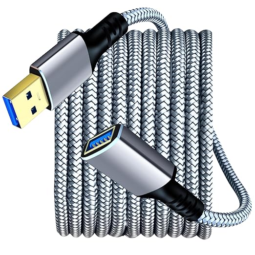 Tan QY USB 3.0 Extension Cable 24.6Ft/7.5M, USB 3.0 High Speed Extender Cord Type A Male to A Female for PlayStation, USB Flash Drive, Hard Drive, Card Reader,Scanner,Printer (Silver, 24.6Ft)