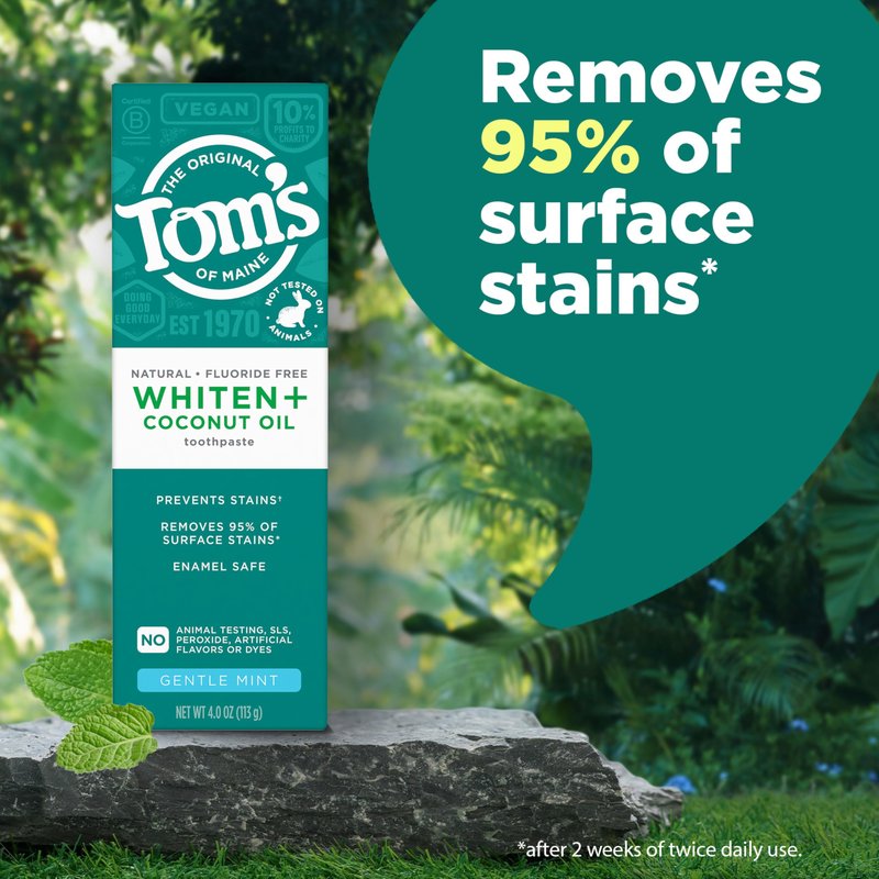 Tom’s of Maine Whiten Plus Coconut Oil Fluoride Free Toothpaste, Natural Whitening Toothpaste with Plant-Based Cleansers, Whitens Without Causing Sensitivity, Gentle Mint, 4.0 Oz (Pack of 3)