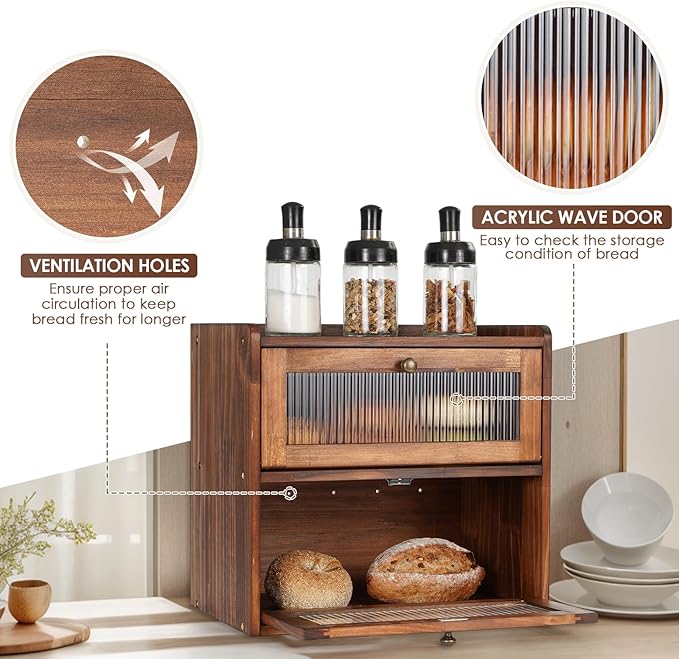 Sunhoo Bread Box for Kitchen Countertop Wooden Bread Storage Container Bin 2 Layer Breadbox Holder Large Capacity Keeper Vintage Farmhouse Food Organizer Pantry Shelf Acrylic Windowï¼Blackï¼