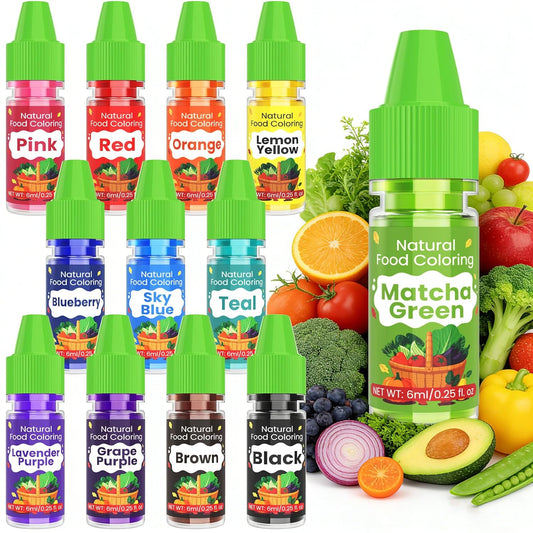 Natural Food Coloring - 12 Vibrant Liquid Dyes | FD&C & Artificial Dye Free, Food Grade for Baking & Decorating - 6ml/Bottle
