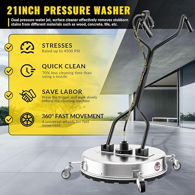 21 Inch Pressure Washer Surface Cleaner with 4 Wheels,Dual Handle,Stainless Steel Housing,4500 PSI Power Washer Accessory for Concrete, Patio, Sidewalk, Deck, Driveways and Daily Washing