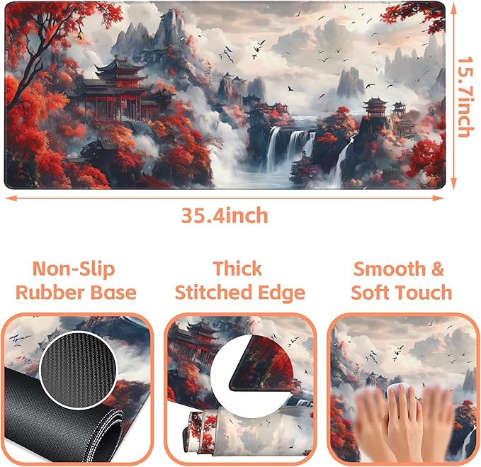 NIYLYNSYN Mouse Pad Large Chinese-Style Landscape Painting Non-Slip Gaming Desk Mat with Stitched Edge Laptop Keyboard Desk Pad for Work Home Gaming (35.4 x 15.7 Inches)