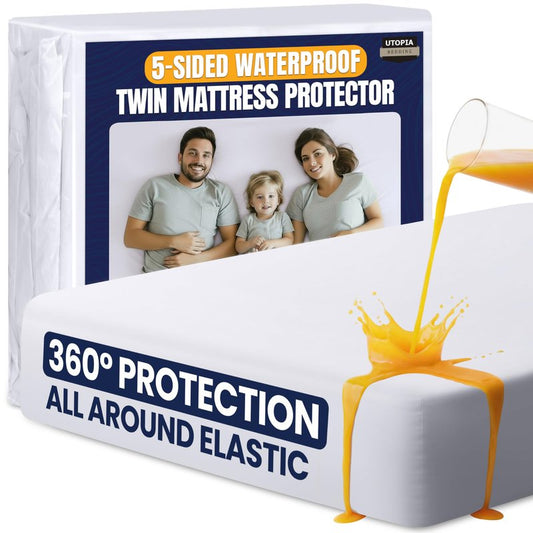 Utopia Bedding Waterproof 5-Sided Mattress Protector Twin Size, Premium Breathable Mattress Cover, Fitted Style with Stretchable Pockets (White)