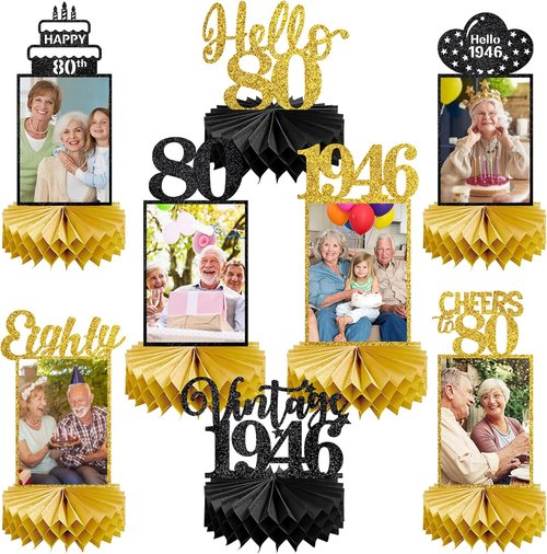 Eucutur 80th Birthday Decorations - Vintage Black Gold Honeycomb Centerpieces | 8 Pcs Party Supplies