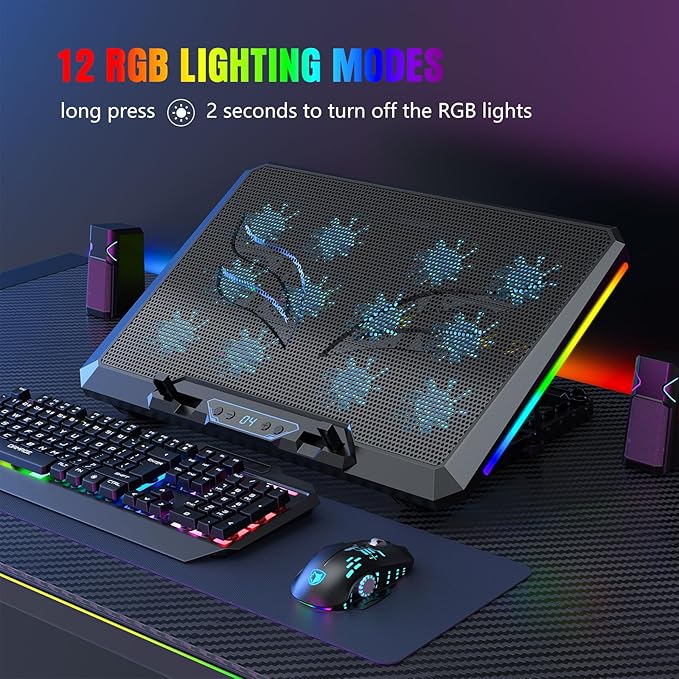 Trullypine Laptop Cooling Pad with 12 Quiet Fans, Slim Portable for 12-17.3 Inch Laptop Cooler Stand, RGB Lighting, with 5 Height Adjustable, Gaming Cooling Fan Pad,Two USB Ports, Phone Holder (LCD)