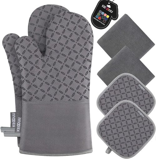 KEGOUU High Heat Resistant Oven Mitts & Pot Holders Set - Extra Long, Non-Slip Silicone, Grey