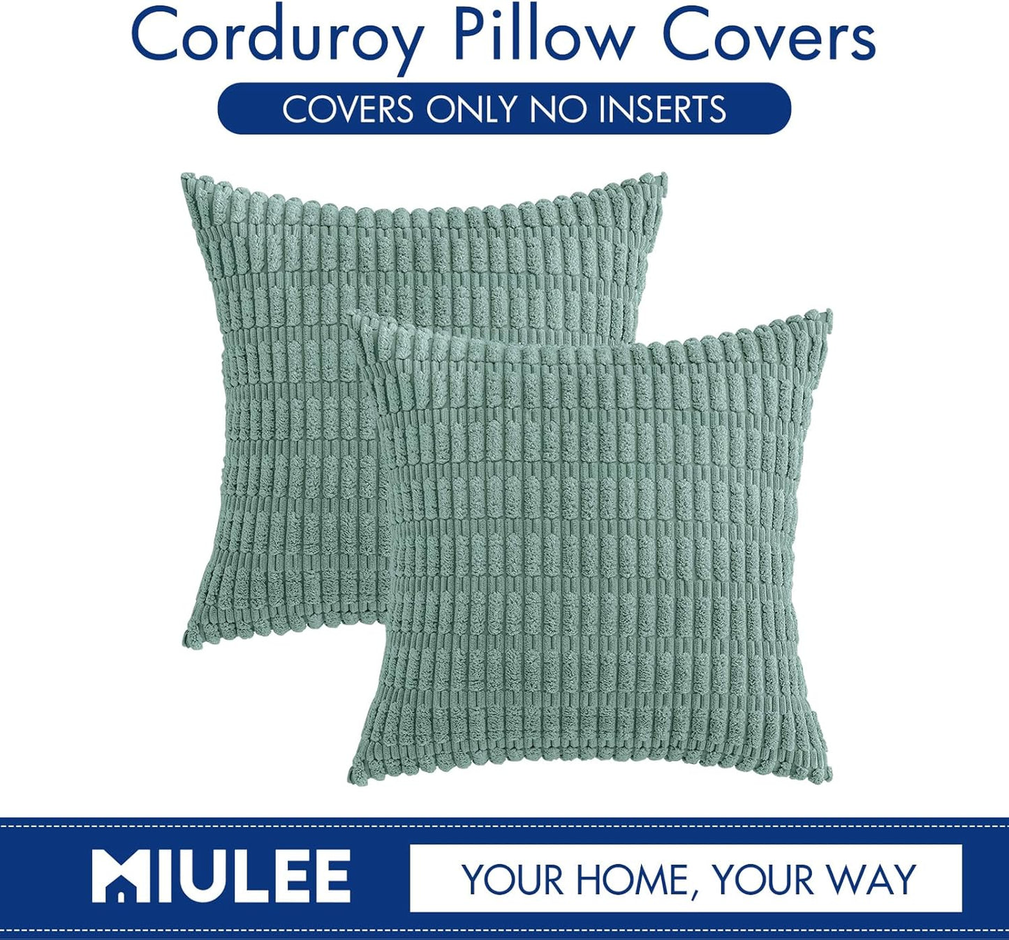 MIULEE Corduroy Throw Pillow Covers - Soft Boho Striped Design | 18x18 Inch Teal Green for Modern Home Decor