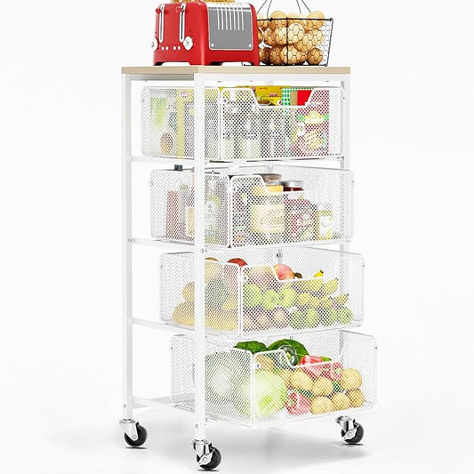 Goovilla Kitchen Cart with Drawers, 4 Tier Metal Rolling Utility Cart Organizer on Lockable Wheels with Wooden Top, White Fruit Vegetable Storage Rack Also for Cans, Snack, Craft, Art, Office, Beauty