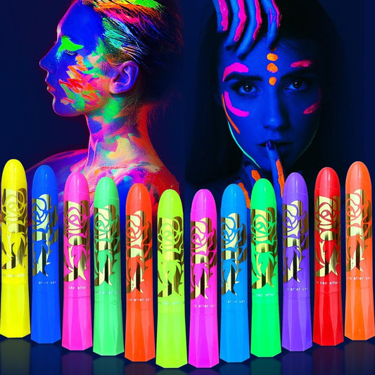 Glow in the Dark Face Body Painting, Glow Blacklight Face & Body Paint Makeup, Mardi Gras Halloween UV Crayon Kit Black Light Birthday Party Camouflage Party Supplies (24 color)