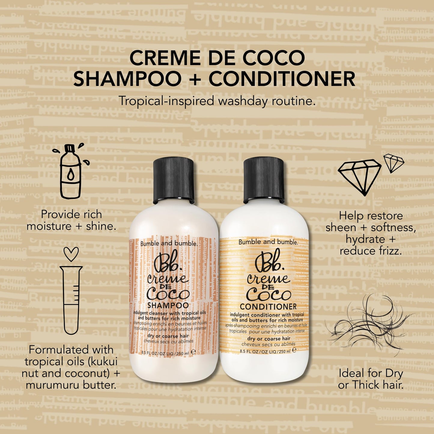Bumble and bumble. Creme De Coco Shampoo | Provides Rich Moisture and Shine | Reduces Frizz | With Coconut Kukui Nut Murumuru Butter | For Dry Medium to Thick Curly, Wavy, Straight Hair, 8.5 Fl Oz