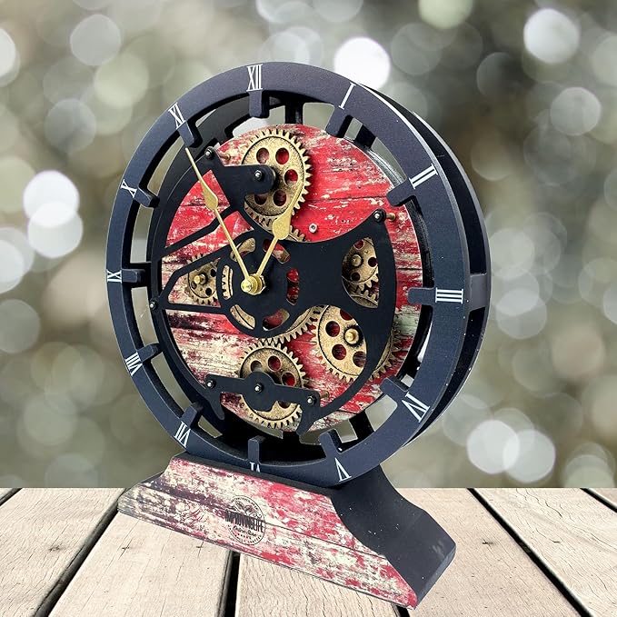 ImprovingLife The Gears Clock Desk Clock 10 inches with Real Moving Gears Convertible into Wall Clock (Red Lava)