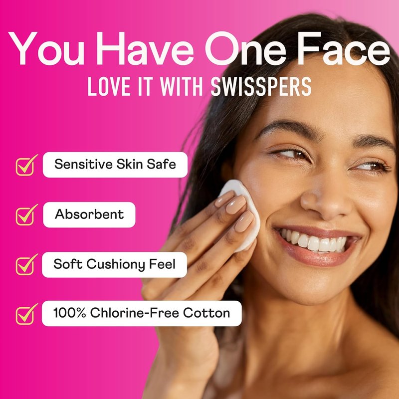 Swisspers Cotton Rounds - Hypoallergenic Dual-Sided Makeup Removal Pads | 100% Pure Chlorine-Free Cotton, 100 Pads (Pack of 6)