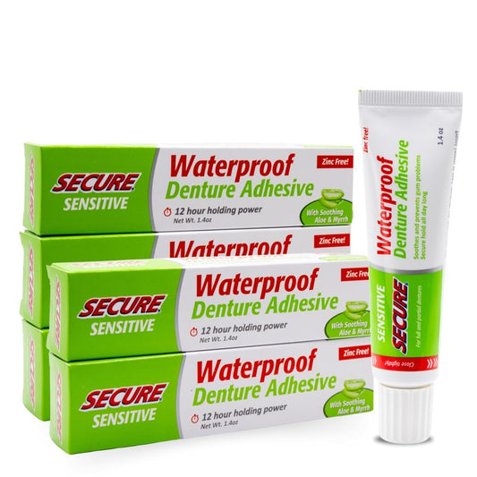 Secure Sensitive Denture Adhesive with Aloe Vera & Myrrh to Nourish Your Gums – Uppers, Lowers & Partials - Waterproof & Zinc Free - Food Grade Ingredients - Less Adhesive, More Hold - 1.4 oz (5 Pack)