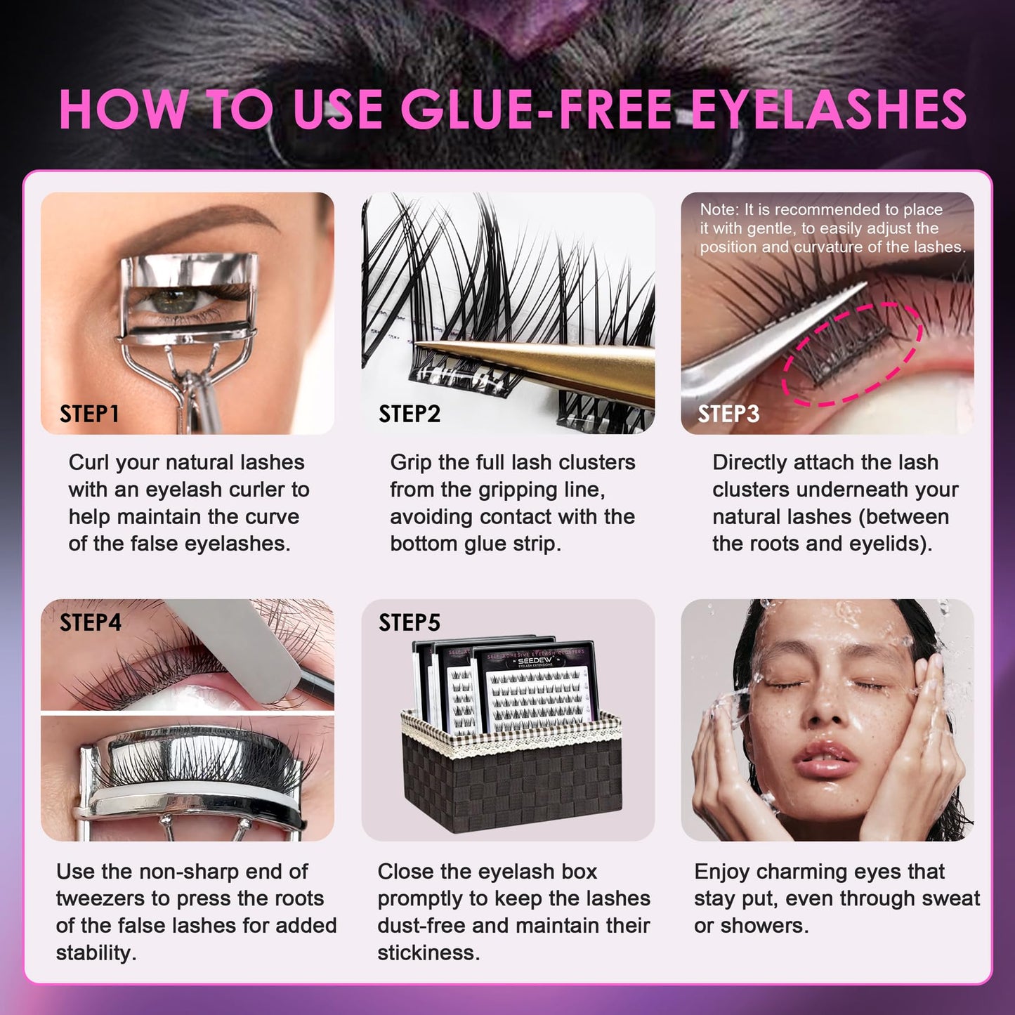 SEEDEW Lash Clusters, 100 Pieces DIY Eyelash Extensions, Individual Cluster Lashes, Super Thin Band, No Glue Needed Resuable Soft Natural Self Adhesive Lashes at Home(ABA-C Curl-MIX10-16mm-Black)