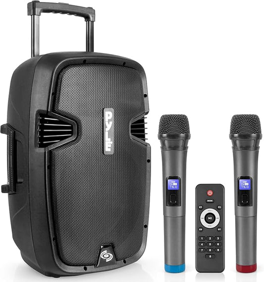 Pyle Portable Bluetooth PA Speaker System - 1000W Wireless Karaoke Loudspeaker with 12” Subwoofer, USB/SD/MP3/FM - Includes Dual UHF Mics, Remote, Rolling Wheels - Ideal for Parties, Events, Outdoors