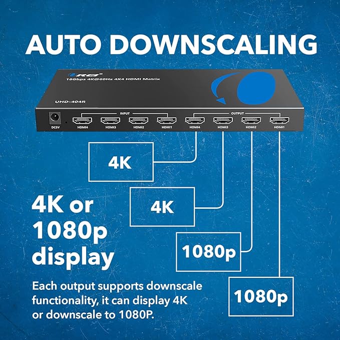 OREI 4K@60Hz 4×4 HDMI Matrix Switch with Downscaler & ARC, 18Gbps, HDCP 2.2, HDR, Audio Extraction (Optical & Analog), 4K-to-1080p Scaling, IR Remote (UHD-404R)