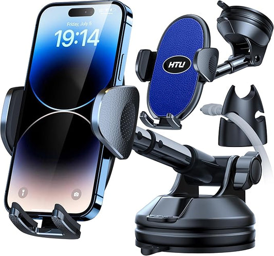 HTU 【Military-Grade Suction】 Cell Phone Holder for Car【Flexible Telescopic Arm】 Car Phone Mount Stand for Dashboard Windshield for iPhone 17 16 Pro Max 15 14 13 12 Samsung Truck Jeep, Dark Blue