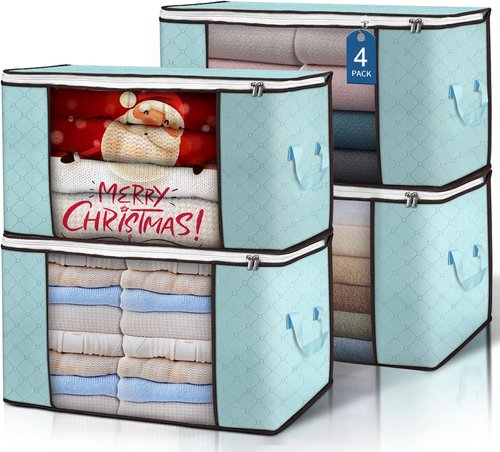 Budding Joy 90L Large Storage Bags - 4 Pack Foldable Closet Organizers for Clothes & Blankets (Blue)