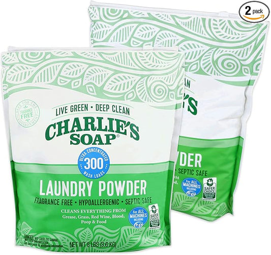 Charlieâs Soap Laundry Powder (300 Loads, 2 Pack) Hypoallergenic Deep Cleaning Washing Powder Detergent â Eco-Friendly, Safe, and Effective