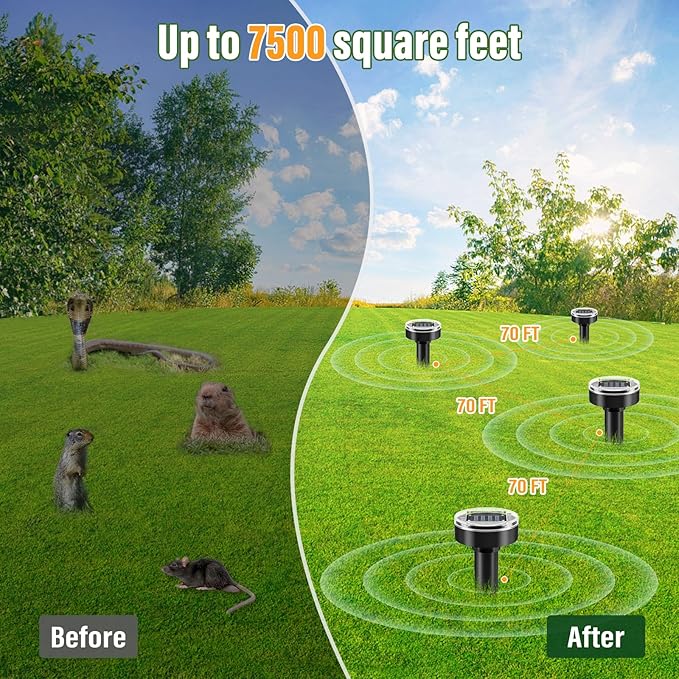Mole Repellent Solar Powered - 10Pack, Snake Repellent for Yard Gopher Mole Repellent for Lawn Garden, Waterproof Pest Control Outdoor Keep Moles Out of Yard, Round, Black