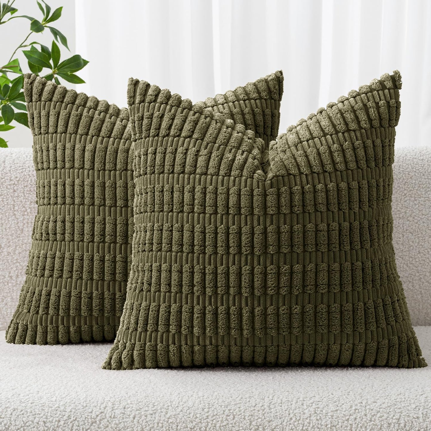 MIULEE Euro Sham Pillow Covers - Soft Boho Striped Corduroy | Pack of 2, 24x24 Inch, Olive Green