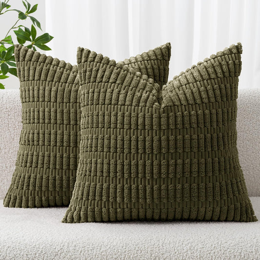 MIULEE Euro Sham Pillow Covers - Soft Boho Striped Corduroy | Pack of 2, 24x24 Inch, Olive Green