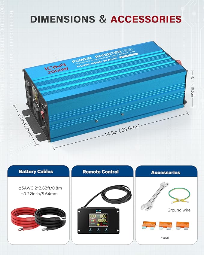 LCYMW 2000 Watt Inverter Pure Sine Wave DC 12V to 110V AC Power Inverters with 3 AC Charger Outlets, Car Inverter Solar Power Inverters for Vehicles Home with LCD Display and 2.4A USB Charging Ports