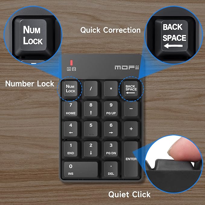 MOFII Number Pad - Black Wireless 2.4G Numeric Keypad Silent 19 Keys USB Keypads, Portable Financial Accounting Numpad 10 Key for Laptop/Notebook/Surface Pro/PC
