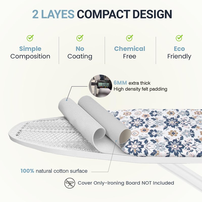 UniSimp Ironing Board Cover and Pad 18"x49" Extra Thick Natural Cotton,Scorch and Stain Resistant Iron Board Cover,Wide Ironing Board Cover with Fasteners Heavy Duty Heatproof Elastic Edge Floral