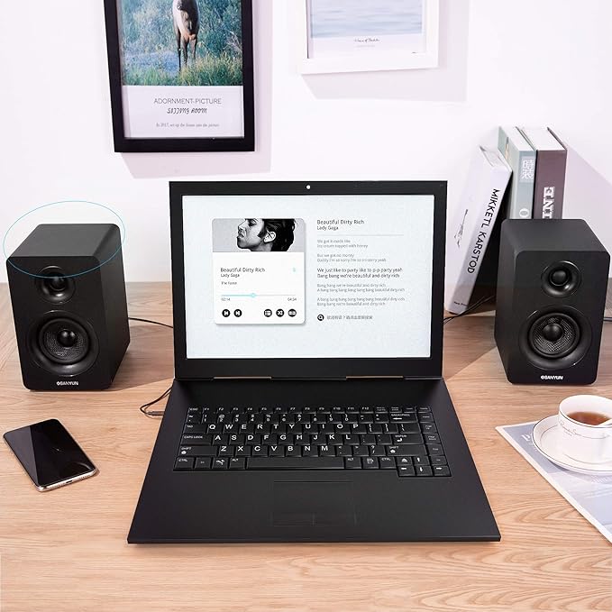 Sanyun SW208 3" Active Bluetooth 5.0 Bookshelf Speakers – 60W Carbon Fiber Speaker Unit - Built-in 24bit DAC - Dynamic 3D Surround Sound – 2.0 Computer PC Monitor Gaming Speakers (Pair, Black)