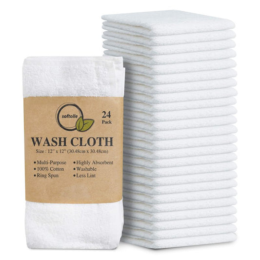 Softolle 100% Cotton Washcloths 24 Pack (12x12 Inches) Soft, Highly Absorbent Washcloth, Face Towels, Wash Cloths for Face, Ring Spun, Bulk Pack (White)