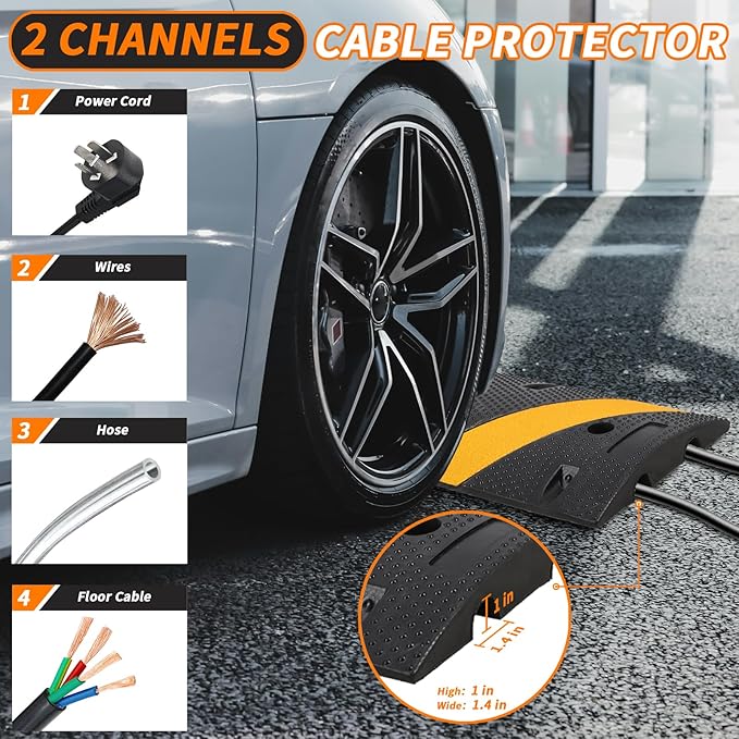 7 Ft Heavy Duty Speed Bump for Road, 84" Rubber Speed Bumps for Driveway, 1 Pack 2 Channel Modular Traffic Speed Bump Hump Cable Protector Ramps for Asphalt Concrete Gravel with 2 End Caps, 6 Spikes