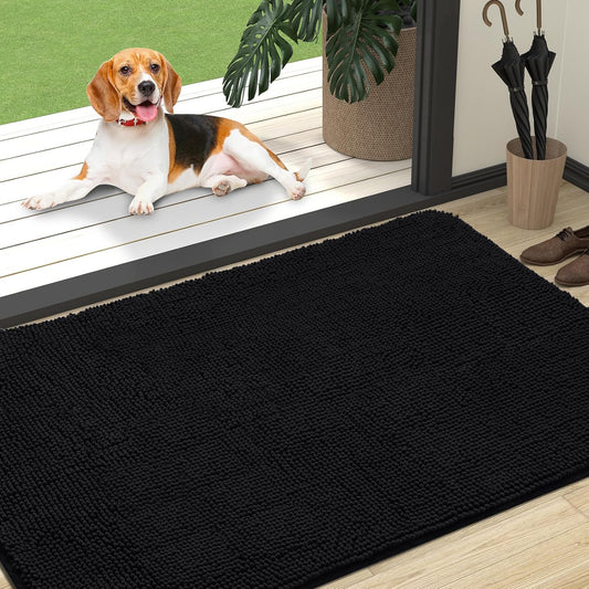 OLANLY Dog Door Mat - Absorbent Non-Slip Chenille Mat for Muddy Paws | 47x32 Inches, Black
