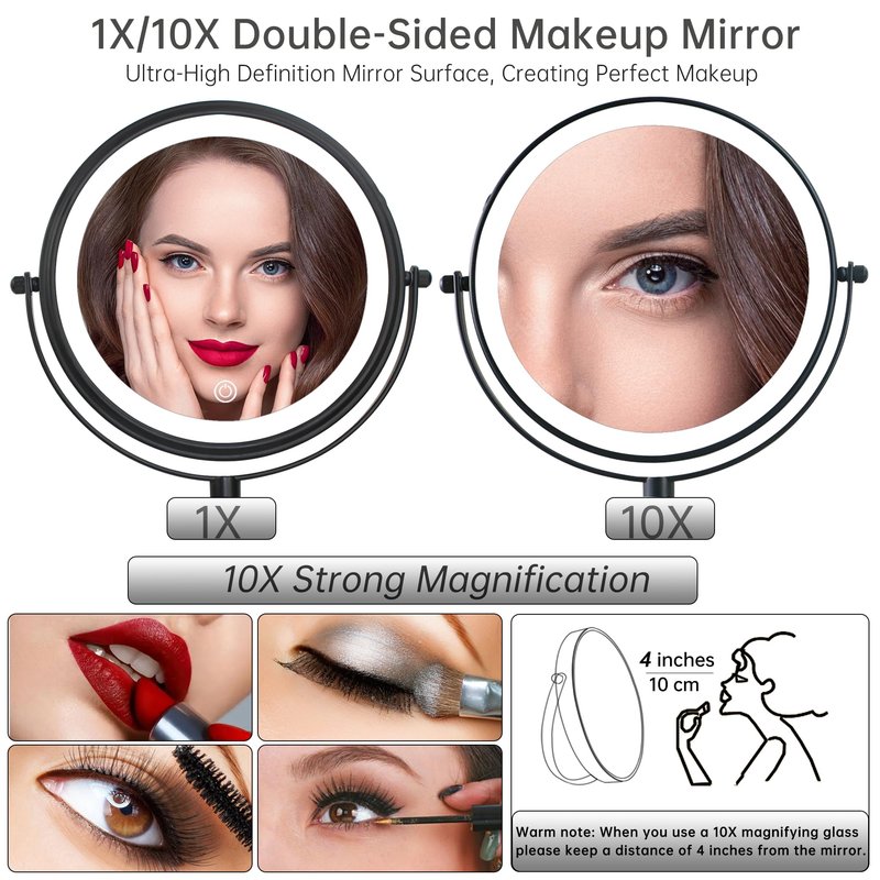 JANEEVA 8" Wall Mounted Lighted Makeup Mirror,Rechargeable Double Sided 1X/10X Magnifying Mirror with 3 Color Lights,Touch Dimmable Bathroom Vanity Mirror with 360°Swivel Extendable Arm Matte Black