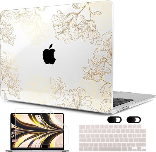 MEEgoodo Case for M5/M4/M3/M2 MacBook Air 13 inch 2026 2025 2024 2022, Fit Model A3449/A3240/A3113/A2681, Case Compatible with MacBook Air 13.6-inch, Drawn Golden Floral