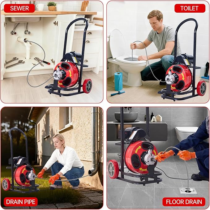 Drain Augers,50FT Steel Core Cable,CW/CCW Switch,Forward Reverse Control,Quick Replaceable Cutters -Electric Sewer Snake for 1"-4" Pipes,250W Motor Speed 1700 RPM,Air-Activated Foot Control