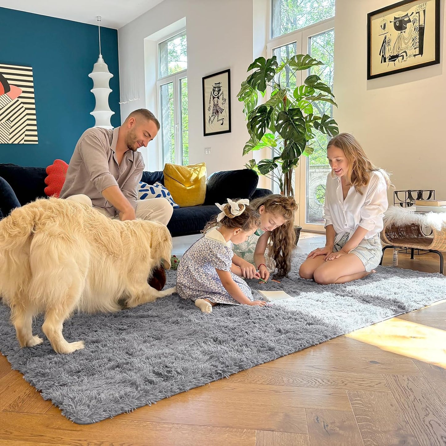 OLANLY Large 5x7 Machine Washable Area Rug - Soft Fluffy Shaggy Indoor Carpet in Light Grey for Living Room & Nursery