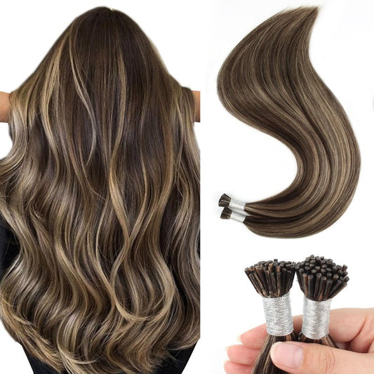 Sixstarhair Itip Hair Extensions Human Hair I Tip Extensions Chocolate Brown Highlighted Caramel Blonde Color 4/27 Cold Fusion Keratin Hair Extensions 14 Inch 50g/Pack 100Strands