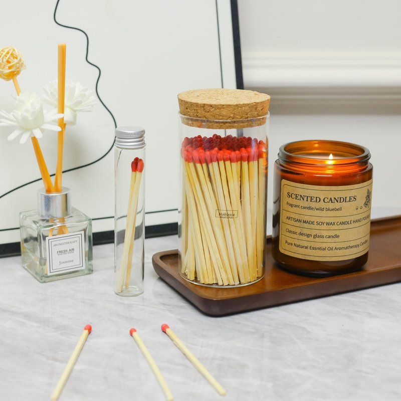 Meya Luxury Colored Safety Matches | 4-Inch Long Matches in Glass Jar | Perfect for Lighting Candles | 150 PIECES | 10 CANDLES AND EXTRA EMPTY JAR GIFT (RED)