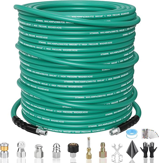 200FT Sewer Jetter Kit for Pressure Washer,1/4ââNPT Drain Cleaner Hose 5800PSI, with Adapter Corner Rotating Button Nose Sewer Jetting Nozzles Kit Pearl Corsage Pin Spanner Waterproof Tapeâ¦
