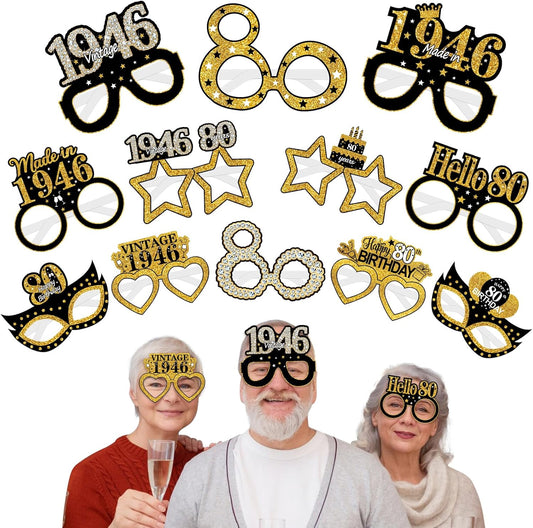 Turypaty 24Pcs 80th Birthday Paper Glasses - Vintage Black Gold Photo Props for Men & Women