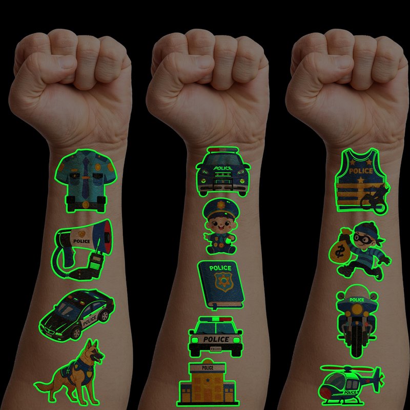 96 PCS Police Car Police Officer Policeman Pre-Cut Luminous Glow in the dark Temporary Tattoos for Kids | Super Cute Theme Birthday Party Favors Supplies Decorations, Fake Tattoos Gifts for Boys Girls