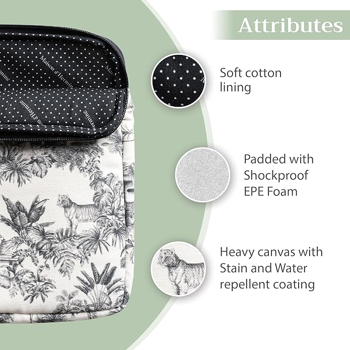 Maison d'Hermine Laptop Bag with Pocket Upto 15.5 inch Stain and Water Repellent Cotton Canvas Spring Summer (Savana Jouy - Black)