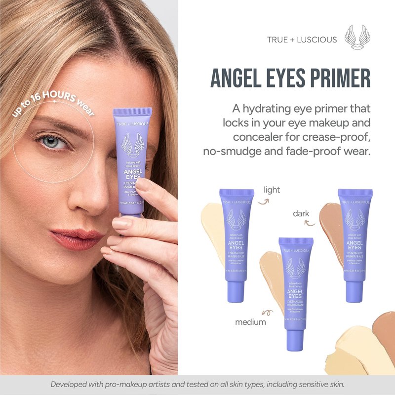 True + Luscious Angel Eyes Eyeshadow Primer | Hydrating Eye Primer Locks Makeup Up to 16 Hours | Vegan Paraben-Free Cruelty-Free | Rose Extracts Bentonite Clay Oily Lids Shade 0.33 oz | Dark